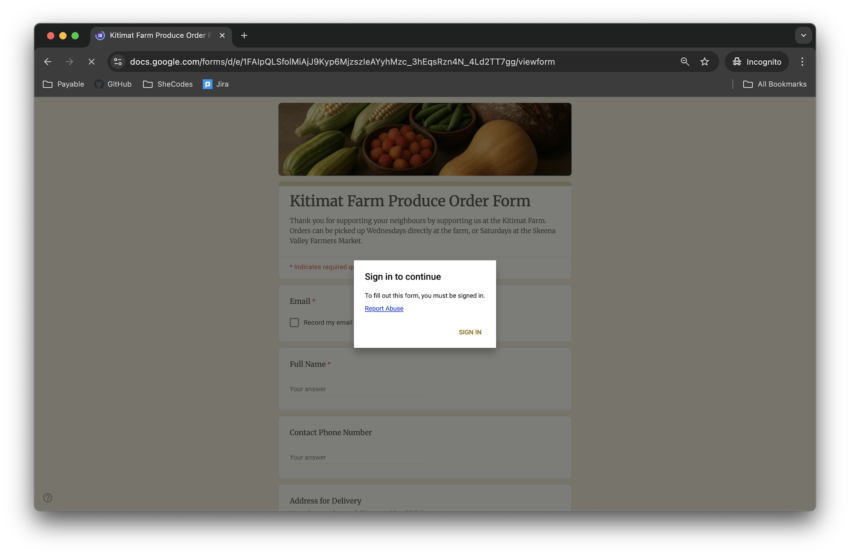 A Google Form shows the message that you must log in to a Google account to complete the form.